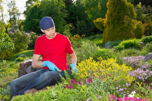 Turf laying work in a small urban garden with careful edging